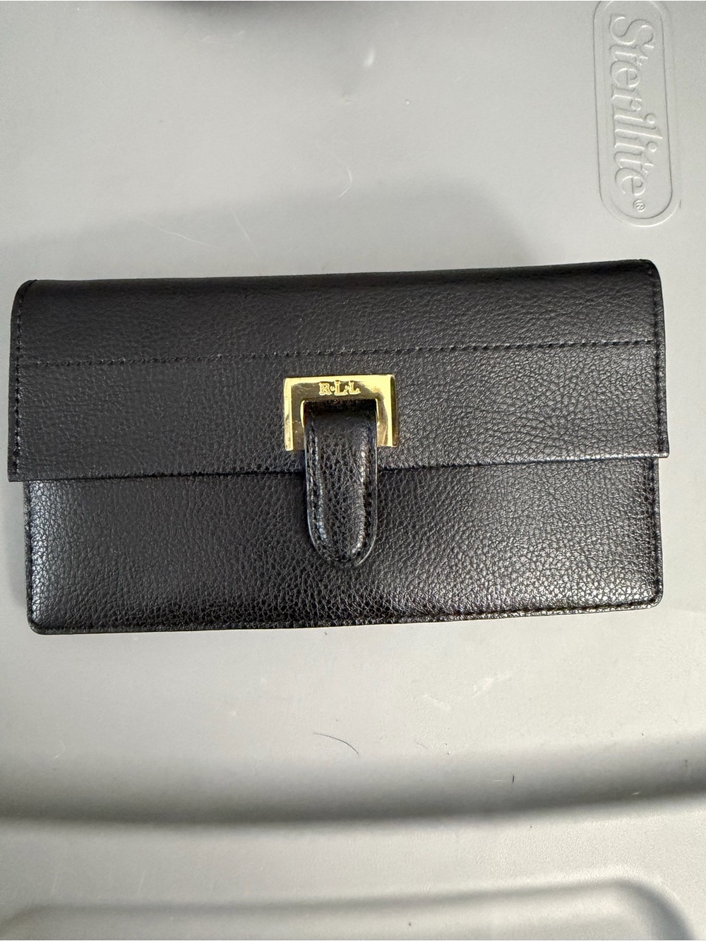 Ralph Lauren Black Pebbled Leather Flap Wallet with Gold Hardware